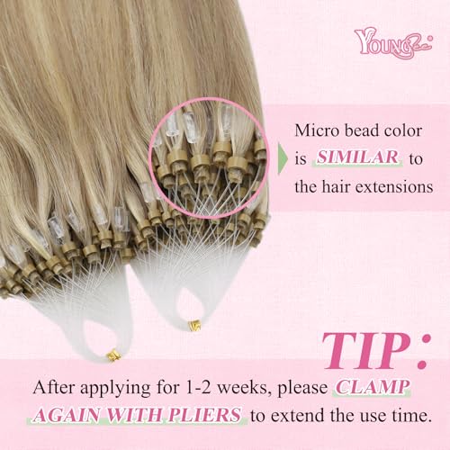 Image of YoungSee Micro Beads Hair Extensions Blonde Microlink Hair Extensions Highlight Blonde with Golden Blond Bead Extension Human Hair for Long Hair 24Inch 57g 50s Natural Hair Extension