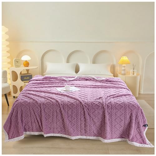Bedding Mustard Yellow Cable Knit Sherpa Throw Blanket Thick, Soft, Big, Cozy Yellow Knitted Fleece Blankets for Couch, Sofa, Bed Large Yellow Coverlet All Season,Pink purple,200x230