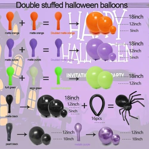 Image of Black Purple Balloon Arch Double Stuffed Latex Orange Green Metallic Purple Black Balloon Garland for Halloween Thanksgiving Wednesday Birthday Vampire Retirement Prom Decor