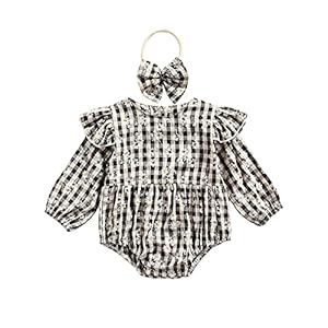 EpicLife Pasgeboren Baby Meisje Clorhes Lange Mouw Daisy Plaid Print Ruffle Romper en Boog Hoofdband 2 Stks Herfst…
