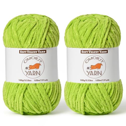 2 Pack Lime Green Fluffy Velvet Yarn for Crocheting,Chunky Chenille