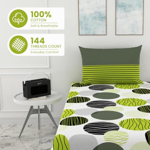 Image of LORETO - A QUALITY LINEN BRAND 144 TC 100% Pure Cotton Single Fitted Bedsheet with 1 Pillow Cover for 72 x 36 Inch Mattress, All-Around Elastic, 8 Inch Deep Pocket, Olive Green & Black Circles
