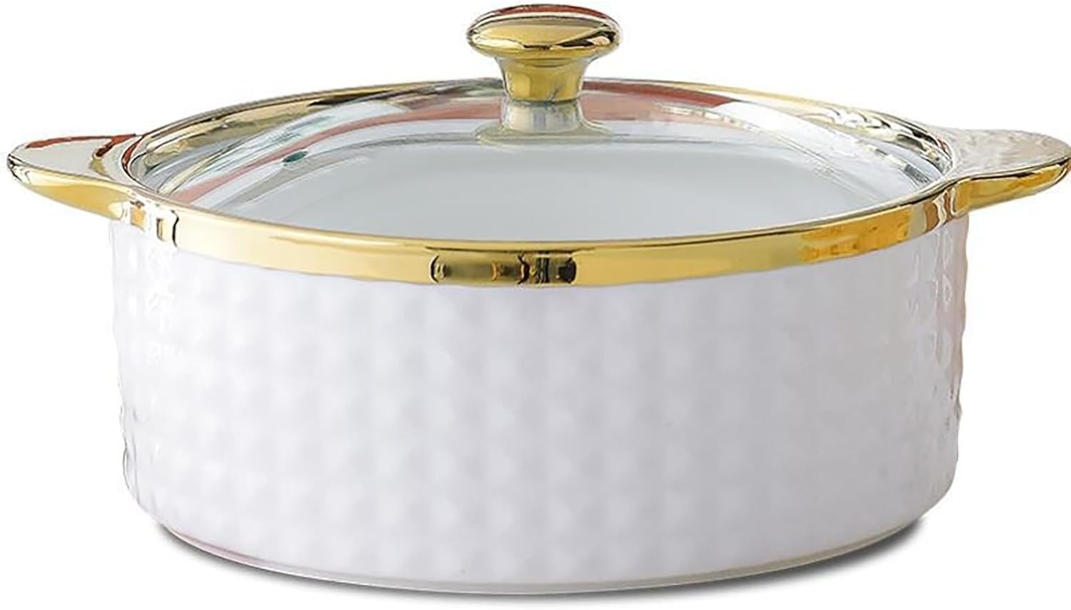 Soup Tureen with Glass Lid and Spoon,Ceramic Soup Tureen Serving Tureen Gold Trim Porcelain Serving Soup Bowls with Lid White Round 2pc Set Serveware Big Serving Bowl,Diamond Soup Bowl