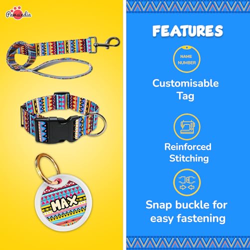Image of Pawsindia Nylon Leash and Collar with Name Tag for Dogs, Ethnic Print with 1.5 Inches Width Adjustable Collar and 4 Feet Heavy Duty Leash with Customize Nametag