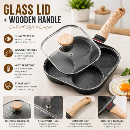 Image of Egg Frying Pan with Glass Lid, Non Stick 4 Hole Omelette Pan, Breakfast Fry Pan for Eggs, Pancakes, Mini Dosa, Burgers, Paniyaram, Induction & Gas Compatible, Wooden Handle, Granite Coating