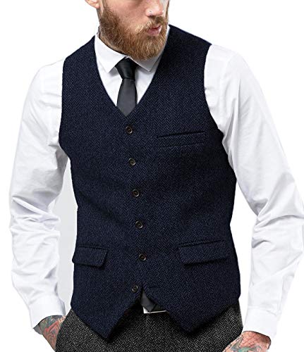 Tuikayoo Mens Herringbone Suits Vests Wool Business Tweed Retro Waistcoats Groomsman Slim Fit(Medium, Navy)