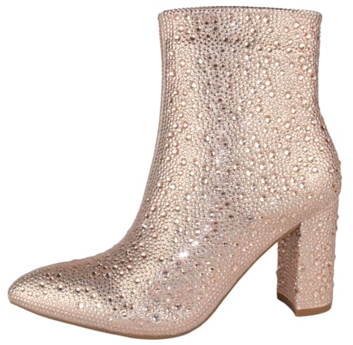 TOP Moda Women Ankle Boots Block High Heels Rhinestone Bling Glitter Short Booties Side Zipper Pointed-Toe Brazil-82