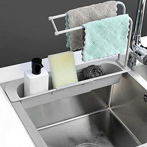 HUIJIEUS Telescopic Kitchen Sink Sponge Holder Adjustable Drainer Sink Tray Sponge Soap Holder Sink Rack Basket with Towel Bar Ventilated Drain for Home Kitchen