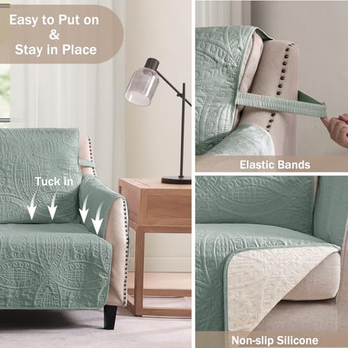 Image of Soft Sage Quilted Couch Cover with Pockets for Extra-Large Sofa, Anti-Slip Sofa Covers Washable for 3 Cushion, Pet Friendly Oversized Sofa Cover Water-Repellent (X-Large Sofa 78 inch, Sage Blue)