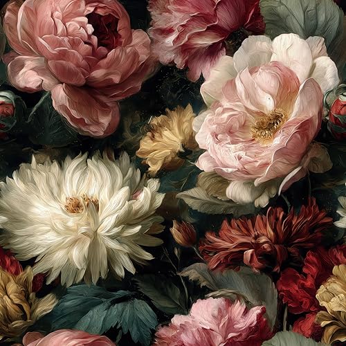 Cotevdkot Floral Peel and Stick Wallpaper, Dark Vintage Floral with Oil Painting Texture, Removable Self-Adhesive Mural for Living Room & Bedroom, 17.7x118 Inch