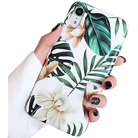 ooooops for iPhone XR Case for Girls,Green Leaves with White & Brown Flowers Pattern Design, Slim Fit Clear Soft TPU Full-Body Protective Cover Case for iPhone XR 6.1'' (Leaves & Flowers) Cover