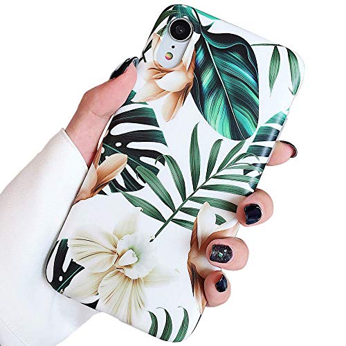 ooooops for iPhone XR Case for Girls,Green Leaves with White & Brown Flowers Pattern Design, Slim Fit Clear Soft TPU Full-Body Protective Cover Case for iPhone XR 6.1'' (Leaves & Flowers)