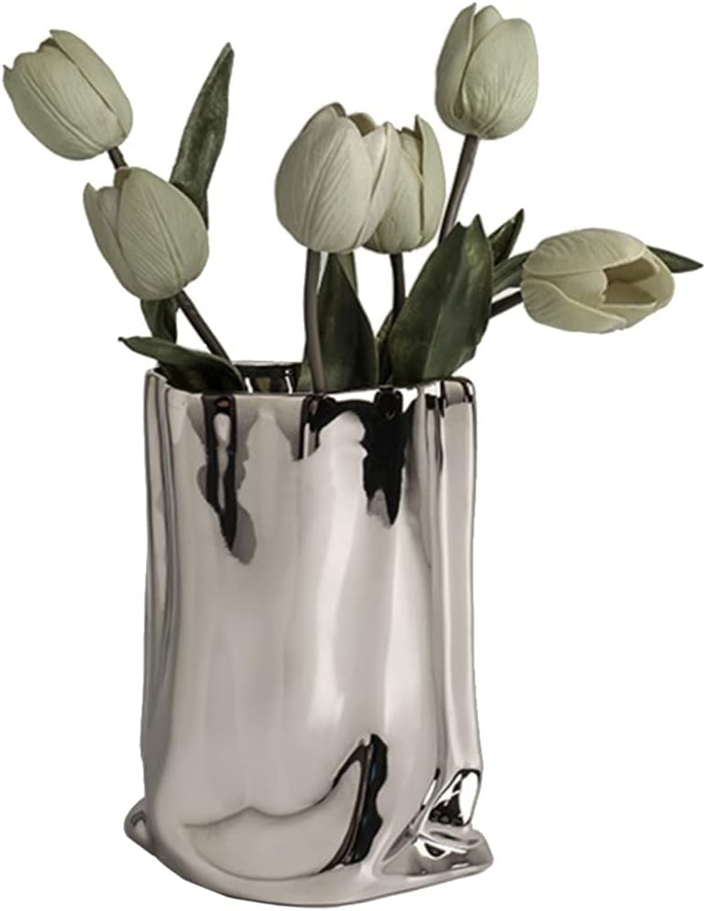 Ceramic Vase for Flowers, Nordic Flower Vase Modern, Decorative Vase with Electroplating Silver Finish, Irregular Clay Vase Small for Living Room Table Home Decor (Color : D)