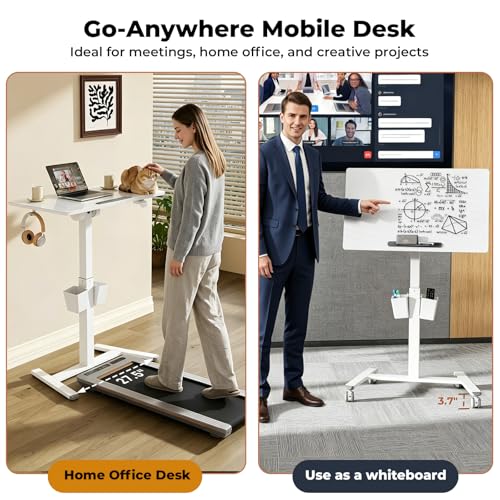 Image of 35 inch Glass Mobile Standing Desk with 90 Tilt, Rolling Whiteboard on Wheels | Height Adjustable Portable Drafting Table with Storage, Small Foldable Laptop Desk for School Home Office, White