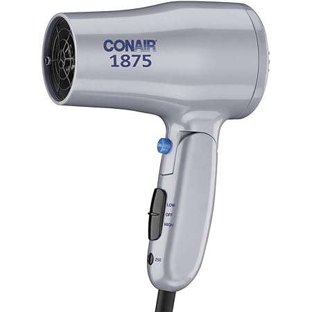 Conair 1875 Watt Compact Dual Voltage Travel Hair Dryer with Folding Handle, Grey
