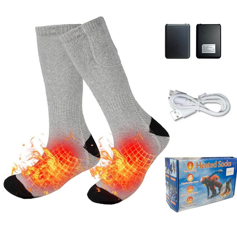 Heated Socks for Men Women 5V 4000mAh Rechargeable Washable Electric Socks Heated Socks Women for Winter Outdoor Camping, Cycling, Skiing, Skating, Hiking-2 Batteries Included (One Size) (Grey)