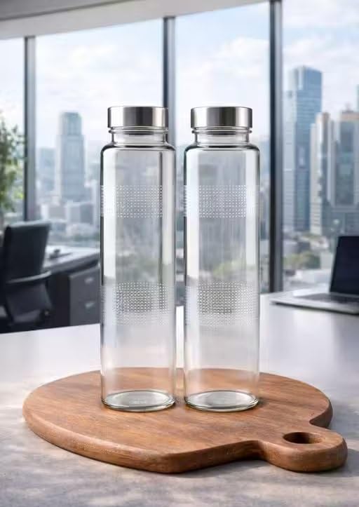 Image of 750 ML Glass Water Bottle with Stainless Steel Leakproof Lid | BPA Free Transparent Glass Bottle | Reusable Fridge Water Bottle for Home, Office, Gym & Travel | Wide Mouth Drinking Bottle (Pack Of 2)