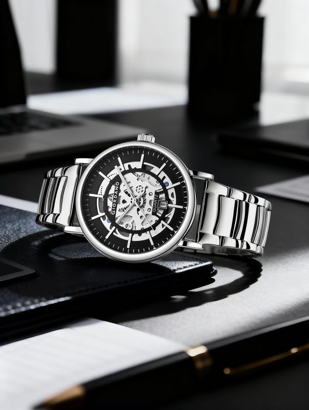 Image of Giordano Analog Quartz Watch for Men with Skeleton Round Dial, Date Function, Luminous Hands and Markers, Leather & Stainless Steel Strap - GZ-50182
