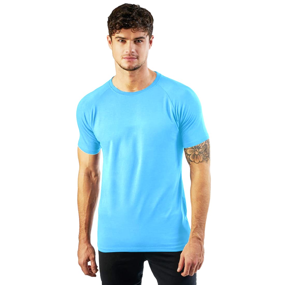 MadfrogMen's Solid Round Neck Casual T-Shirt (L, Sky Blue)