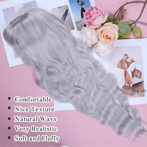 Image of NAYOO Silver Gray Wigs with Bangs for Women,24 Inch Wavy Synthetic Wig | Natural Looking,Beginner Friendly,Heat Resistant Fiber,Ideal for Daily Wear,Parties & Halloween
