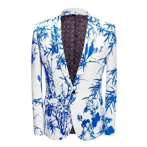 Men Party Blazer Print Blue Bamboo Pattern Slim Fit Clothing Printed Suit Jacket Wedding Dress Coat