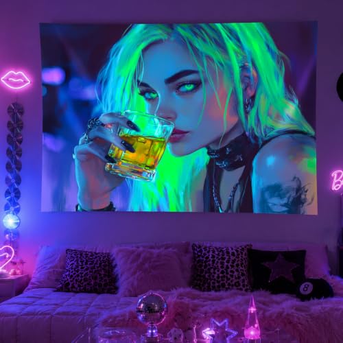 Image of BlissYard Blacklight Tapestry 78x59 Inch Neon Drinking Girl Fluorescent Tapestry Blacklight Sexy Lady Glow In The Dark Art Wall Hanging Poster Room Bedroom Party Backdrop Decor