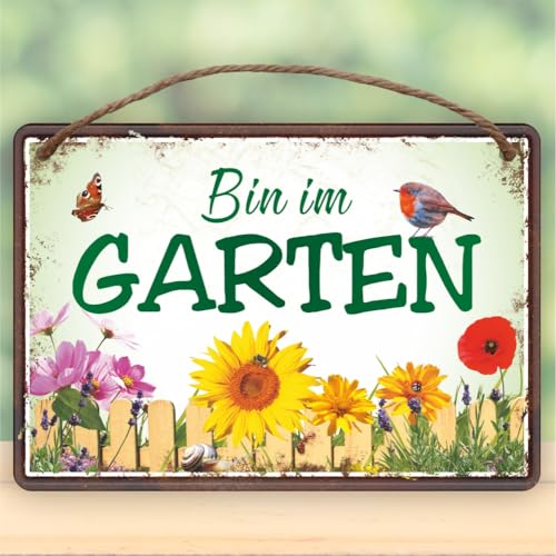 Metallschild rostfrei Blechschild mit Kordel zum Anhängen - Bin im Garten - Gartenschild Schild Türâ€¦ – Miniatur