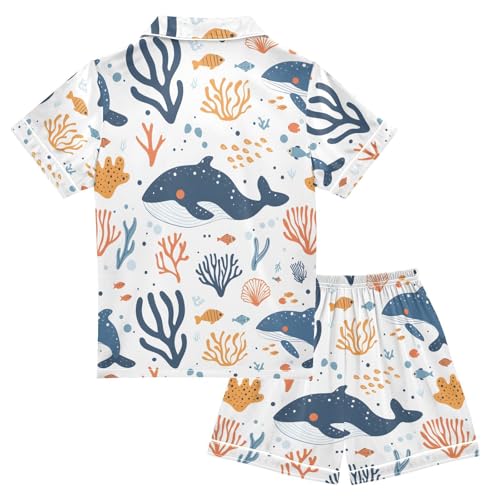 ALAZA Whale Coral Reef Cartoon Pajamas Satin Pajama Set Short Sleeve Button Down Sleepwear2