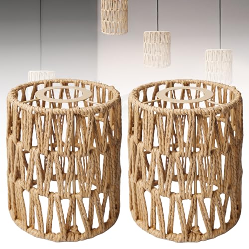WANDGU 2 pièces abat-jour Boho : aba t-jou r en rotin, abat-jour en rotin tressé, aba t-jou r suspendu, accessoires aba t-jou r avec Ø 12cm pour lampe de table E27 lampe suspendue lampadaire (H 15cm)
