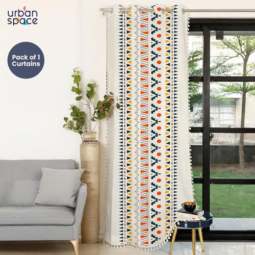 Image of Urban Space Abstract Bohemian Decorative Curtain for Window,100% Cotton Curtain 5 Feet Long,1 Piece Curtain with Tassels,60-65% Room Darkening Curtain with Tieback and Eyelets (Ikat Orange,5 Feet)