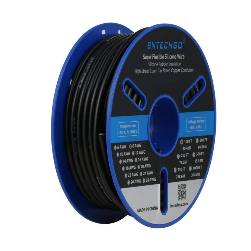 BNTECHGO 8 Gauge Silicone Wire Spool 100 ft Black Flexible 8 AWG Stranded Tinned Copper Wire