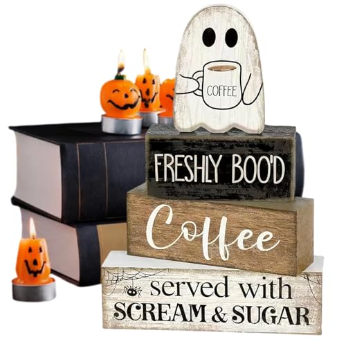 VITASHYNX 4 Pcs Halloween Table Decorations, Wooden Ghost Coffee Bar...