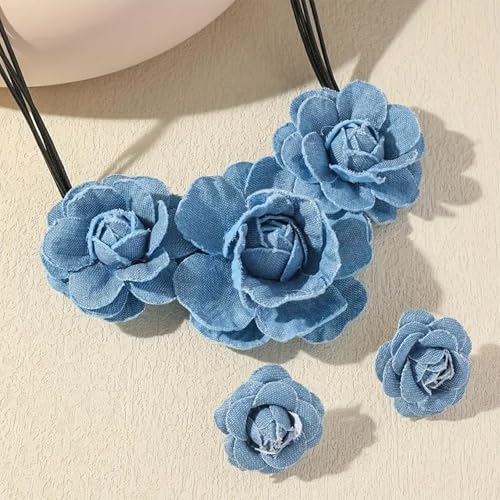 Flower Choker Necklace Denim Earrings Set Handmade Boho Chic Blue Floral Statement Jewelry Accessories Summer Beach Party Prom Gifts for Women4