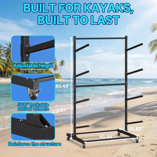 Noliven 4 Tier Freestanding Kayak Storage Rack, Adjustable Kayak Racks, 4 Detachable 360° Wheels with Brakes & Adjustable Feet, Carbon Steel Water Sport Watercraft Storage Rack for Canoes Surfboards