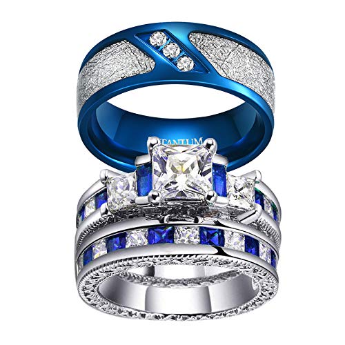 3pc Couple Ring Bridal Sets Women White Gold Plated Blue Sapphire Cz Man Titanium Band Wedding Ring for Him and Her