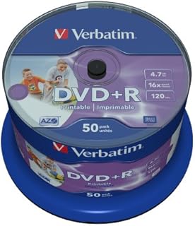 Verbatim DVD-R Wide Inkjet Printable 4.7 GB, 50 Szt, Wrzeciono, Półfabrykaty DVD do Drukowania, 16-Krotna Prędkość Wypalania i Hardcoat Scratch Guard Scratch Guard, DVD-R Printable, DVD Pusty