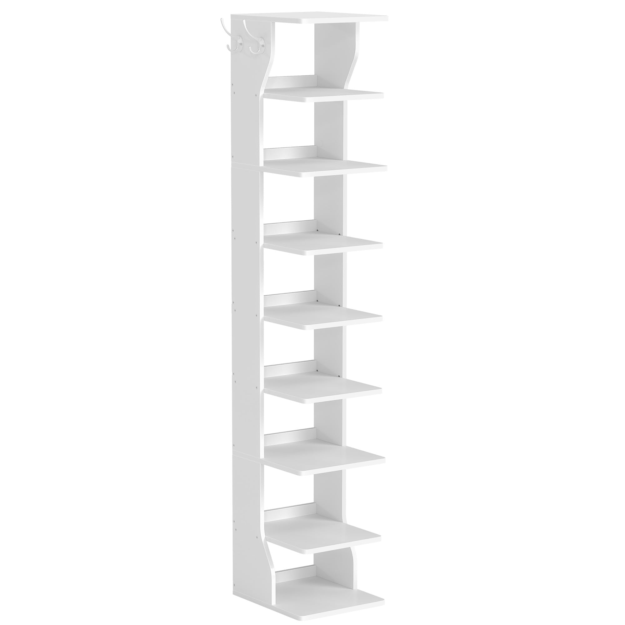VASAGLE 9-Tier Vertical Shoe Rack, Narrow Shoe Storage Organizer with Hooks, Slim Corner Tower Shelf, Space-Saving for Entryway and Bedroom, White