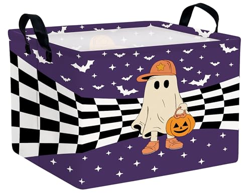 Image of Large Halloween Themed Candy Gift Boo Basket for Kids Baby Personalized Adults Storage Bin Fall Decor(Baseball Hat Grid Spooky)