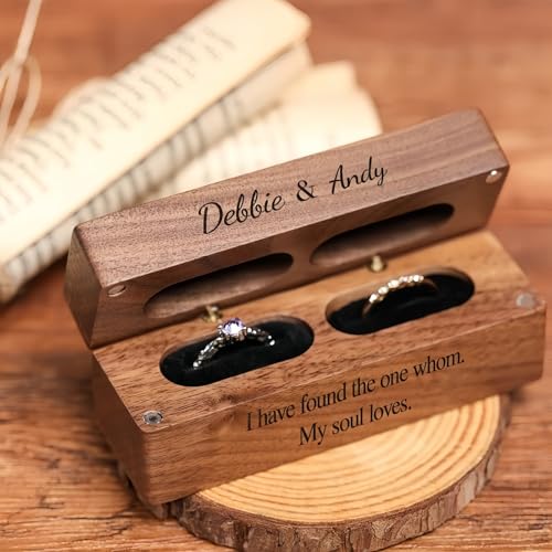 Caja Cuadrada Personalizada For Anillos Con Nombre Y Fecha Grabados, Caja De Doble Ranura For Anillos De Boda, Joyero De Madera For Regalos De Compromiso, Aniversario Y Cumpleaños