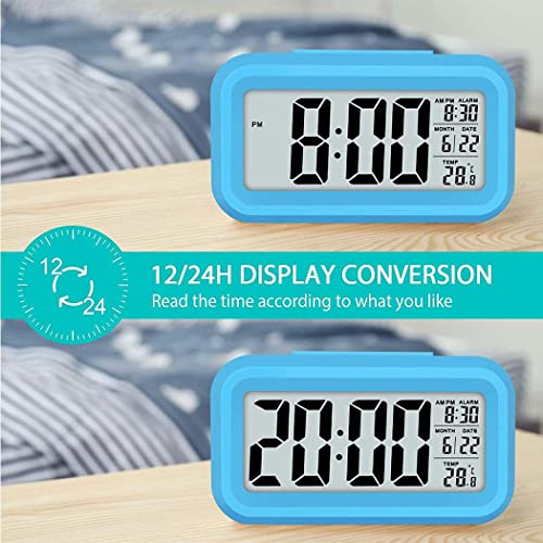 Image of Digital Alarm Clock, Battery Operated Alarm Clock with Date,Indoor Temperature,Smart Night Light, Easy Operation Electronic Clock for Bedrooms Home Kids-（Green）