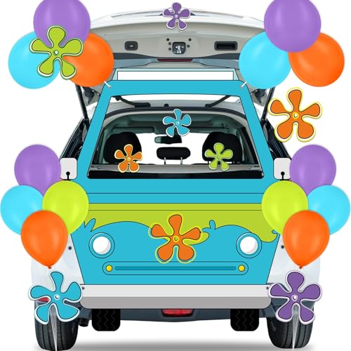 Halloween Trunk or Treat Car Decoration Kit Mysterious Bus SUV Car Decors Mystery Bus Backdrop Balloons Cutouts Cars Archway Garage Door Hippie Retro Flower for Halloween Outdoor Indoor Party Supplies