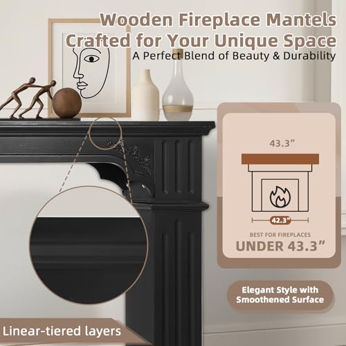 Image of Modern Black Freestanding Fireplace Mantel Surround - Waterproof, Anti-Tipping Premium MDF Mantel with Leg for Living Room Decor