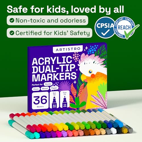ARTISTRO 36 Acrylic Paint Markers for Rock, Fabric, Wood, Glass, Craft, Decoration - Dual-Tip Paint Pens - Stocking Stuffers, Christmas Gift Idea for Teens, Grandkids, Kids - Art Supplies - Thumbnail 7