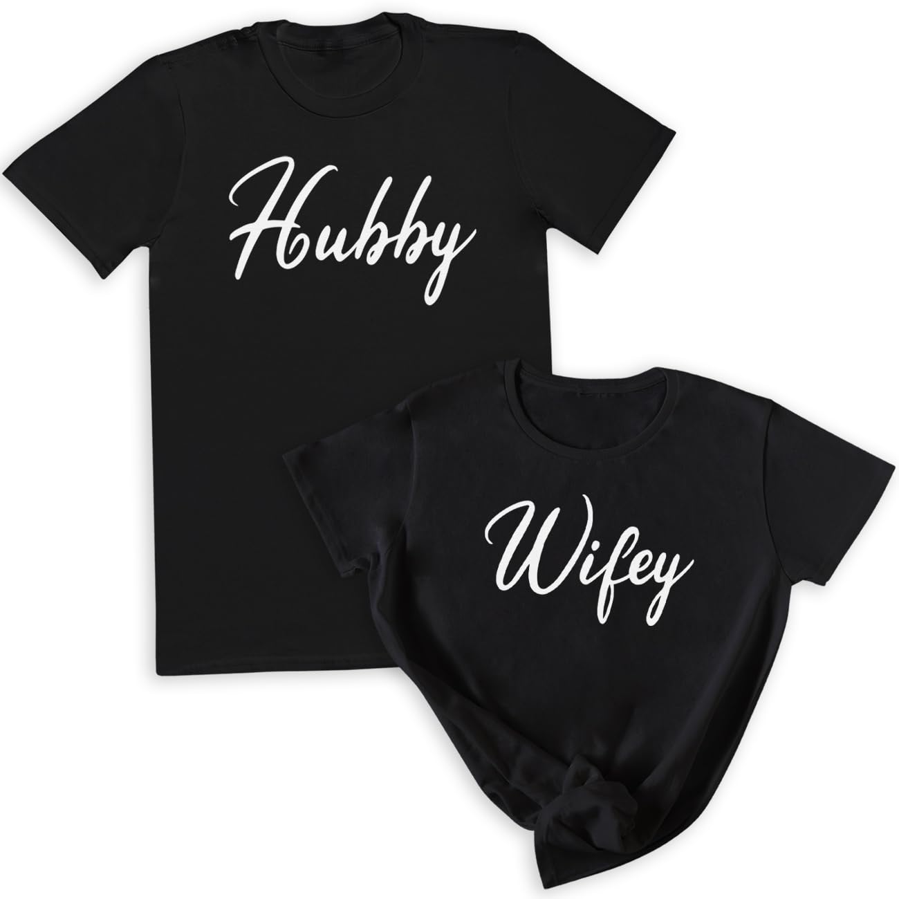 Hubby & Wifey Script - Matching Shirts T-Shirts - Couples Gift Set - (Sold Separately) Black