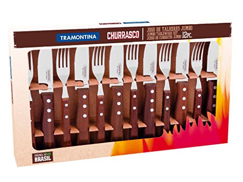 Tramontina Churrasco - Juego de cuchillos para carne, acero inoxidable, 12 piezas, juego de cuchillos y tenedores remachados | cuchillo serrado duradero | mango de madera | apto para lavavajillas