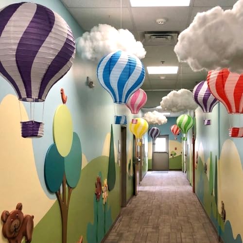 12 Pcs Classroom Decoration Hanging Clouds from Ceiling with Hot Air Balloon 6 Artificial Cloud 6 Hot Air Balloon Paper Lanterns for Classroom Birthday Baby Shower Nursery Daycare Kindergarten