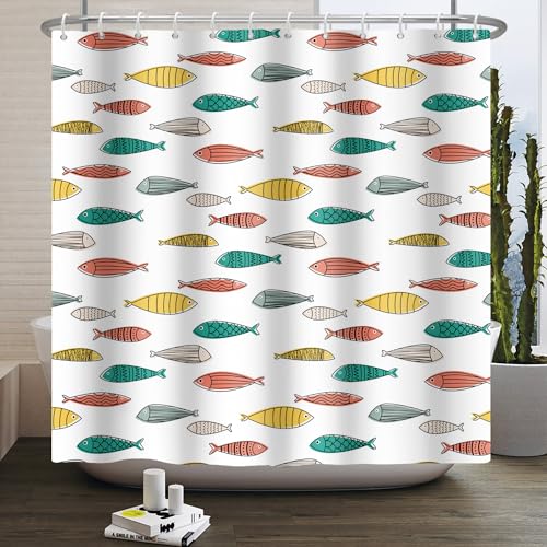 SDOTPMT 122x183cm Poisson Rideau de Douche Mignon drôle Sketch coloré Animal Pattern Minimaliste Abstrait Salle de Bain Rideau de Douche décoration...