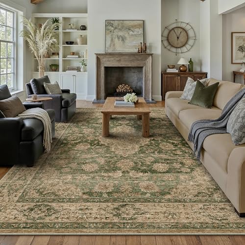 HUGEAR Retro Green Area Rug 9x12 Machine Washable Living Room Rugs Distressed Vintage Floral Low Pile Carpet Bedroom Office Dining Room Laundry Room Non Slip Soft Lightweight Vintage | Green