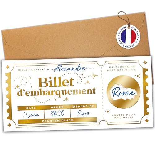 aliceandberry Carte à Gratter Voyage Cadeau Or - Billet d'Avion Personnalisable pour Annonce Destination Surprise, Anniversaire & EVJF, Design Luxe Doré...