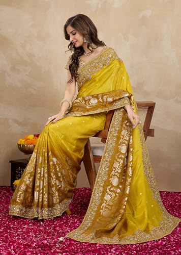 Image of TRENDMALLS Women's Jacquard Silk Embroidery Sequence Work Saree with Unstitched Blouse Piece